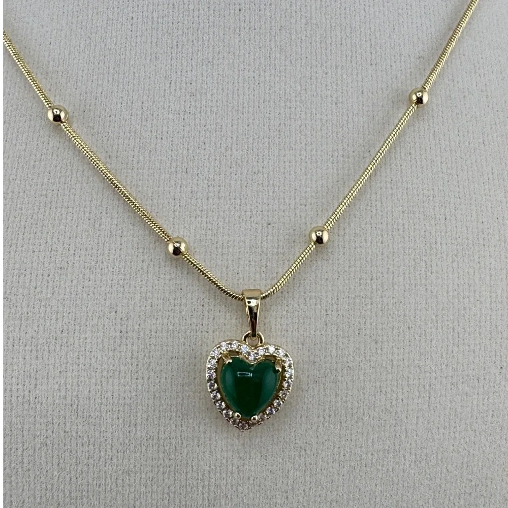 14K Gold Plated Heart Green Stone Halo‎ Pendant Necklace Snake Chain with Beads